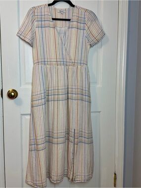 Madewell Women’s Pastel Plaid Lined Linen Blend Short Sleeve Midi Dress, Size XS